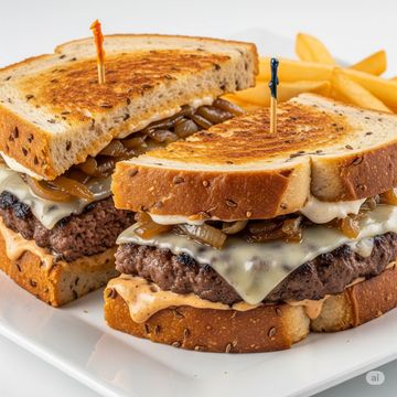 A beef patty melt sandwich with side of fries on a square plate. 