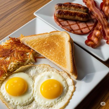 Two pieces of toast, two eggs, and a side of hash browns on a white plate. 