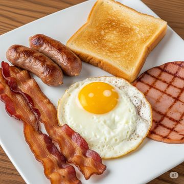 A piece of toast, an egg, a cooked piece of ham, two pieces of bacon and sausage on a white plate. 