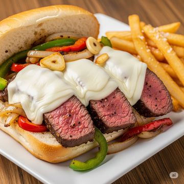 A steak and cheese sandwich with a side of seasoned fries on a square white plate. 