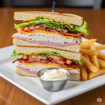 A classic triple decker club sandwich with a side of fries and dipping sauce on a white plate. 