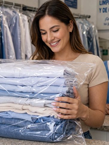 A woman happily holding a plastic-wrapped stack of freshly cleaned clothes.