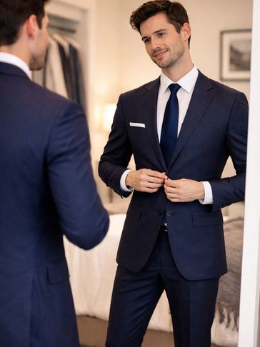 Man in a navy suit buttoning his jacket while looking in a mirror.