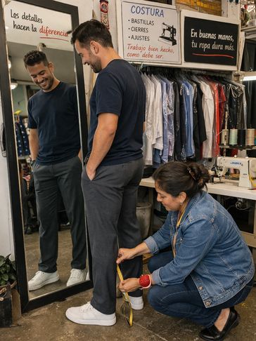 A tailor measures a man's pants in a fitting room with sewing tools and clothes around.