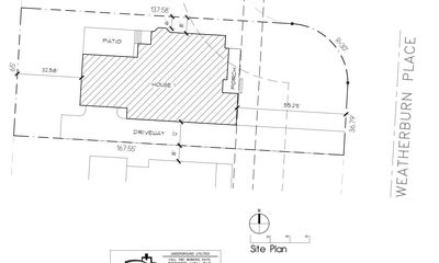 Site plan showing house, patio, porch, driveway, and property boundaries on Weatherburn Place.