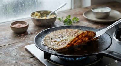 A person flipping a Rajgeera thalipeeth on a pan.