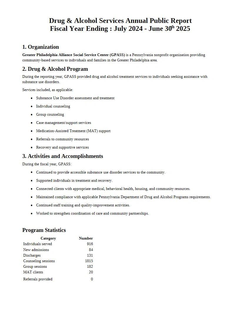 Annual report for drug and alcohol services from July 2024 to June 2025 by GPASS.