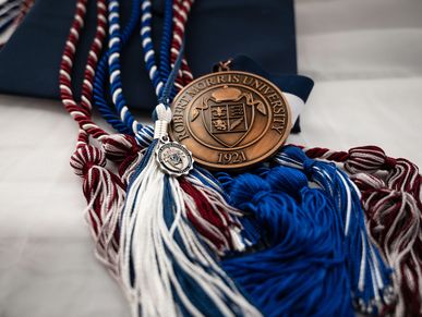 A detail shot of a college graduate's graduation regalia - cords, metal, tassel, etc.