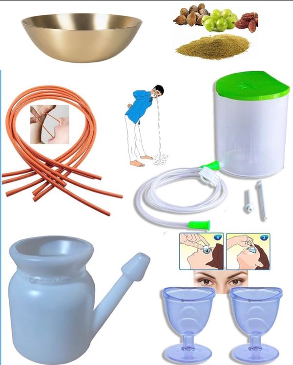Various Ayurvedic nasal and eye therapy tools including neti pot, eye cups, and herbal powders.