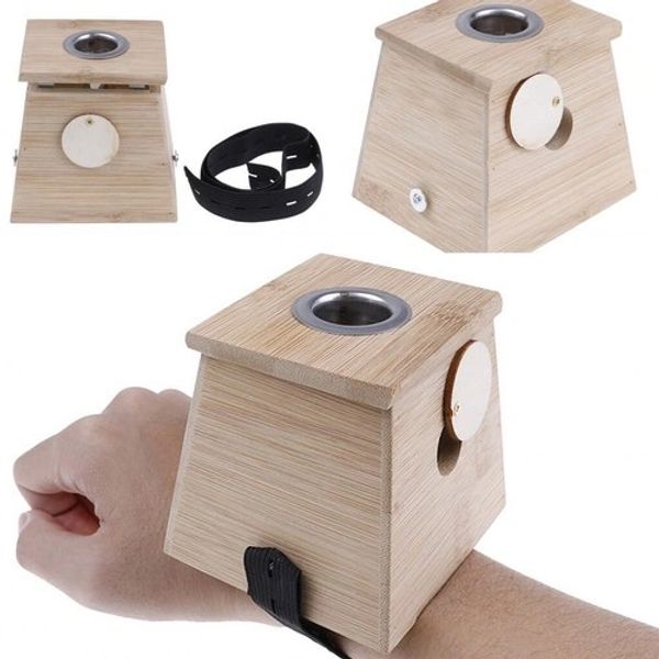 Wooden wrist-mounted incense holder with adjustable strap and ventilation.