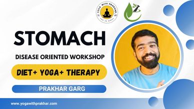 Promotional banner for a stomach disease workshop with diet, yoga, and therapy by Prakhar Garg.