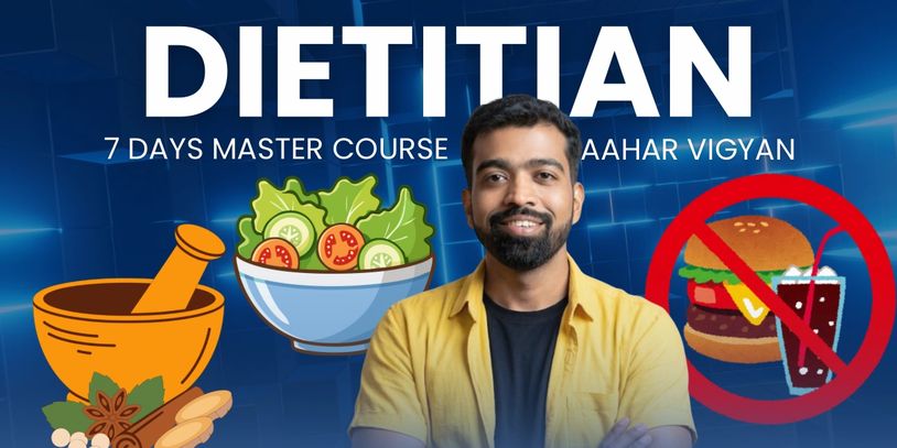 Dietitian course advertisement with healthy food icons and a man in yellow shirt.