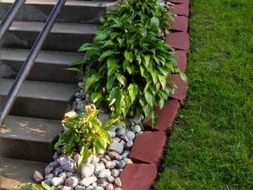 Green plants and stones beside a staircase.