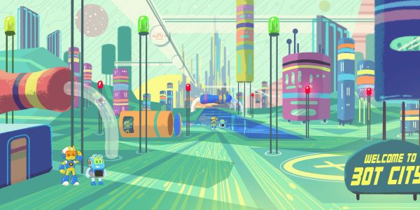 Futuristic city with robots and neon lights.