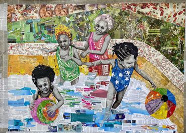 Bariya's Birthday, Artwork size: 41x50.5inches, Size with borders: 47x55inches, Paper scraps and wat