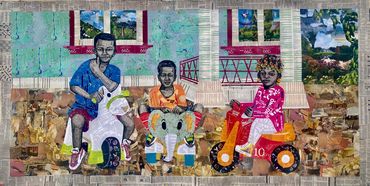 Road Ready,size: 48x102inches,with borders:54.5x108inches, Paper scraps and watercolor on canvas2022