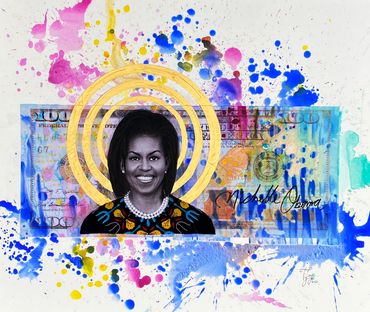 Michelle Obama 22X27 inches, Acrylic, paper, fabric, charcoal and markers on Cardboard 2021
