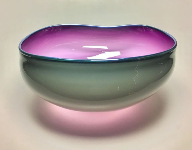 Dichotomy Low Bowl in Hyacinth, 18"w x 7"h. Available at Philabaum.