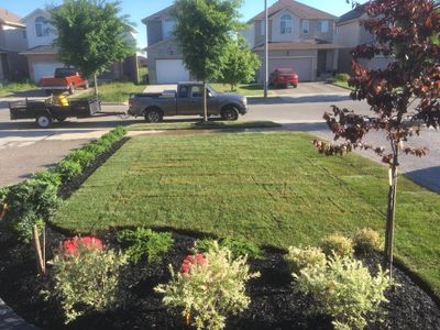 new garden bed installed and re-graded and sodded front yard to add pleasant curb appeal