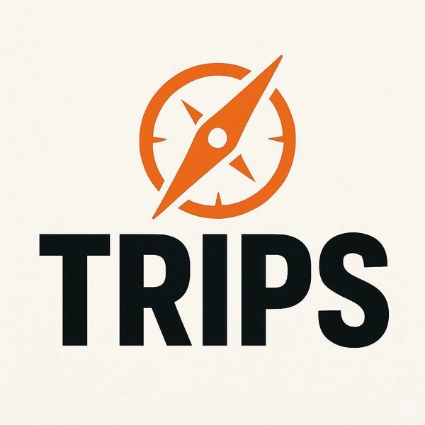 Logo with an orange compass above the word TRIPS in bold black letters.