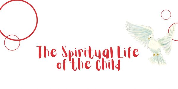 Logo with red text and a white dove symbolizing spirituality and innocence.