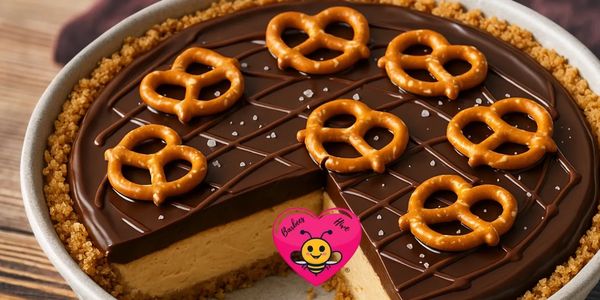 Chocolate pretzel pie with a creamy peanut butter filling and a graham cracker crust.