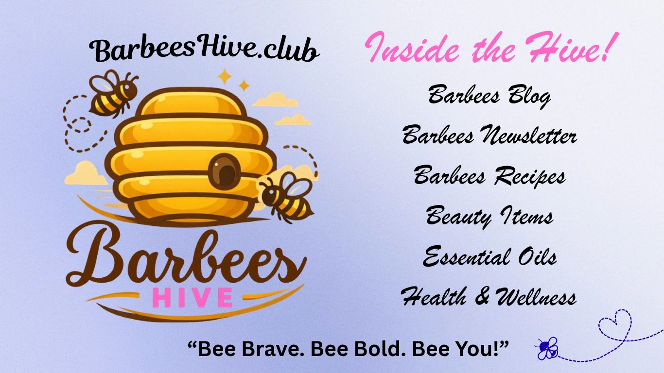 Barbees Hive logo with bees and blog topics on a soft purple background.