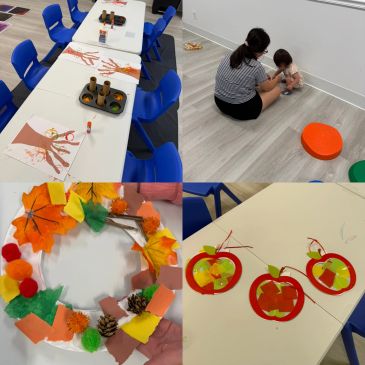 Children's autumn-themed crafts and activities in a classroom setting.