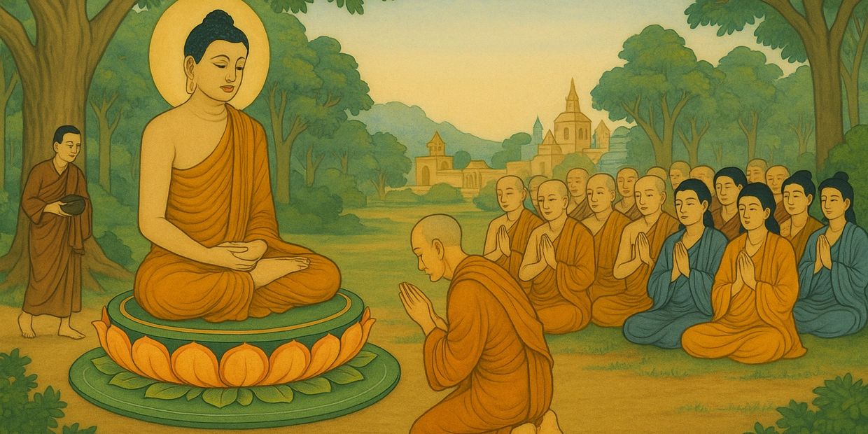 Buddha meditating with monks paying respect in a serene forest setting.