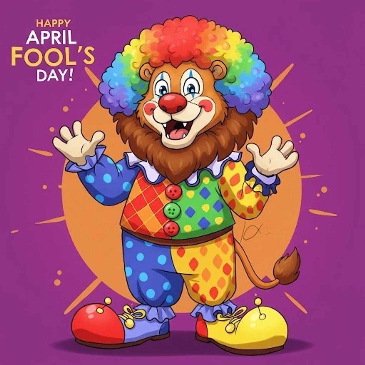 Colorful clown lion wishing Happy April Fool's Day.