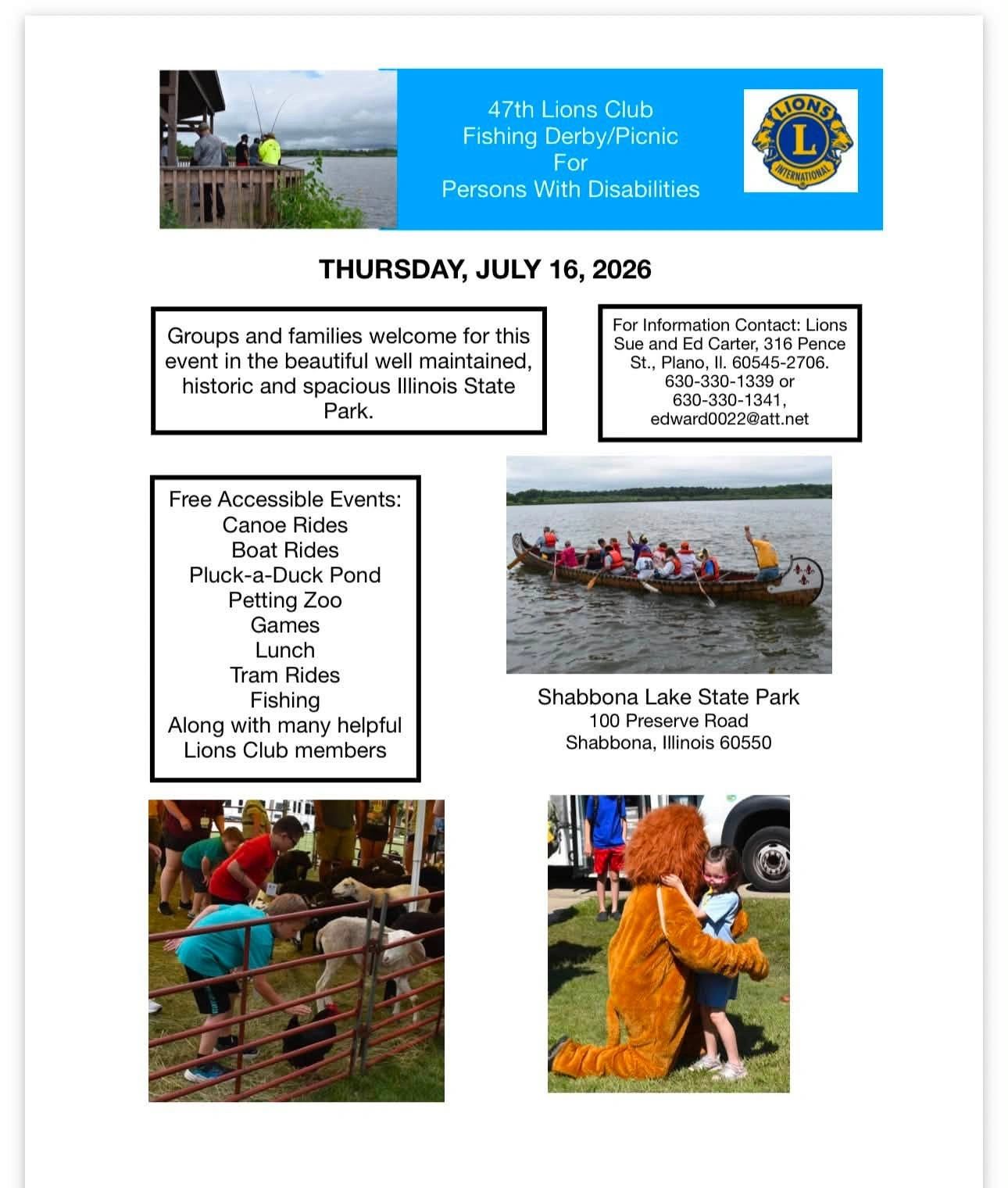 Flyer for 47th Lions Club Fishing Derby/Picnic at Shabbona Lake State Park for persons with disabilities, July 16, 2026.