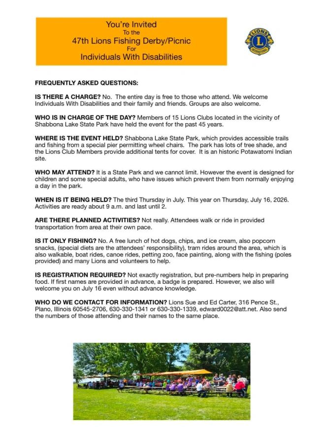 Invitation for 47th Lions Fishing Derby/Picnic for individuals with disabilities.