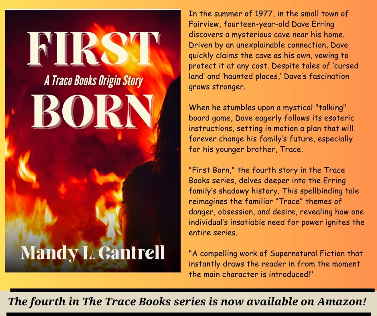 Book cover and summary of "First Born" by Mandy L. Cantrell, a supernatural fiction story.