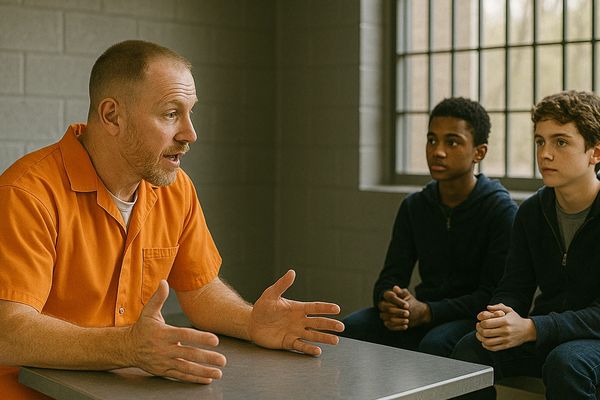 Man in prison clothes talking to two young boys in a visitation room.