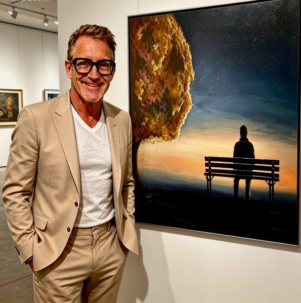Man in beige suit stands next to a painting of a person sitting on a bench at sunset.