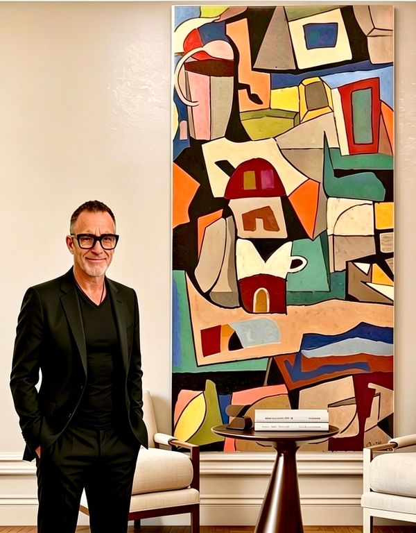 Man in black suit standing next to colorful abstract painting.
