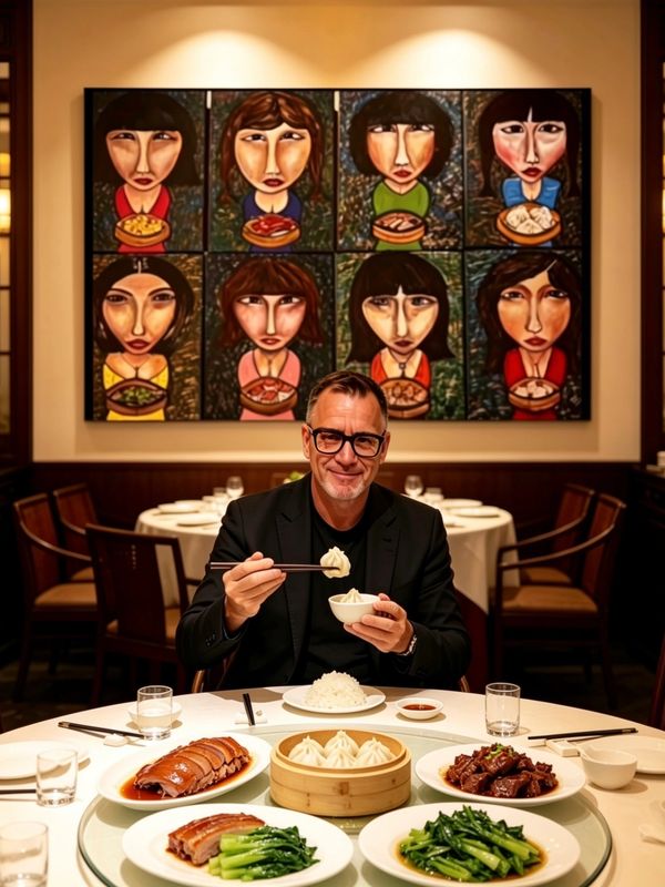 Man enjoying a meal in a restaurant with artwork in the background.