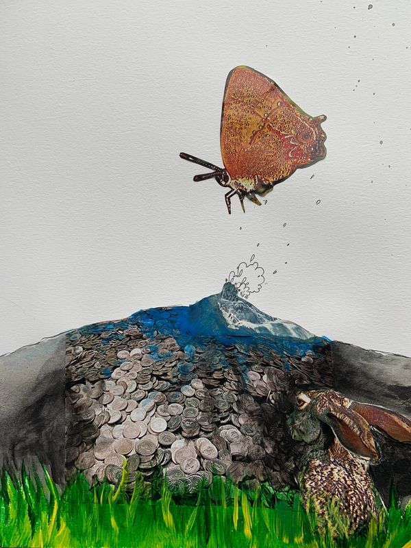 A butterfly flies above a coin-covered volcano while a rabbit watches from green grass.