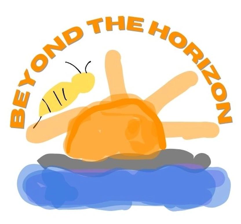 A bee near an orange sunrise over blue water with 'Beyond The Horizon' text.