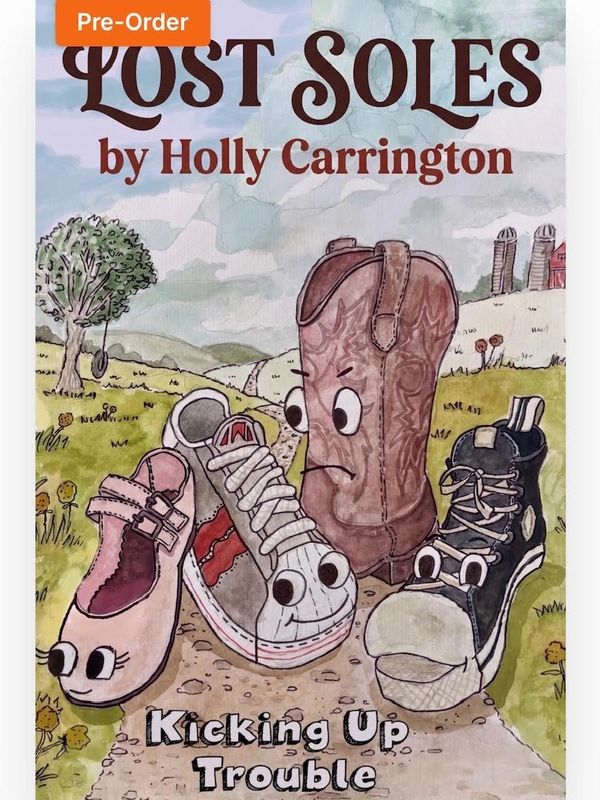 Book cover with animated shoes titled Lost Soles by Holly Carrington.