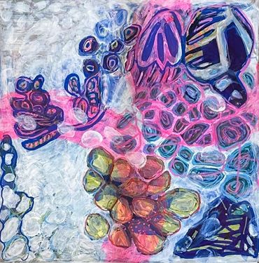 Colorful abstract painting with floral and organic shapes in blues, pinks, and greens.