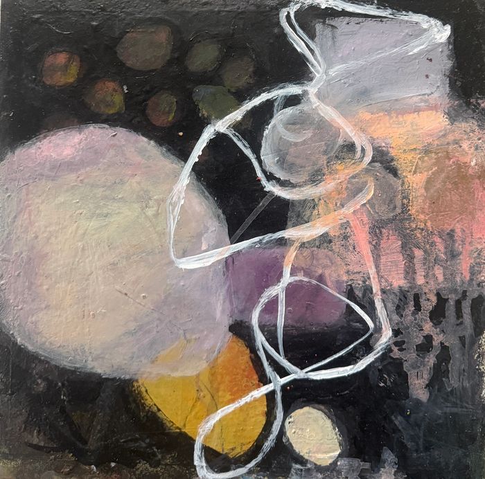 Harmony I  12x12" acrylic on panel
Abstract with swirling white lines and muted color shapes