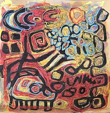 Abstract painting with colorful spirals and geometric shapes.