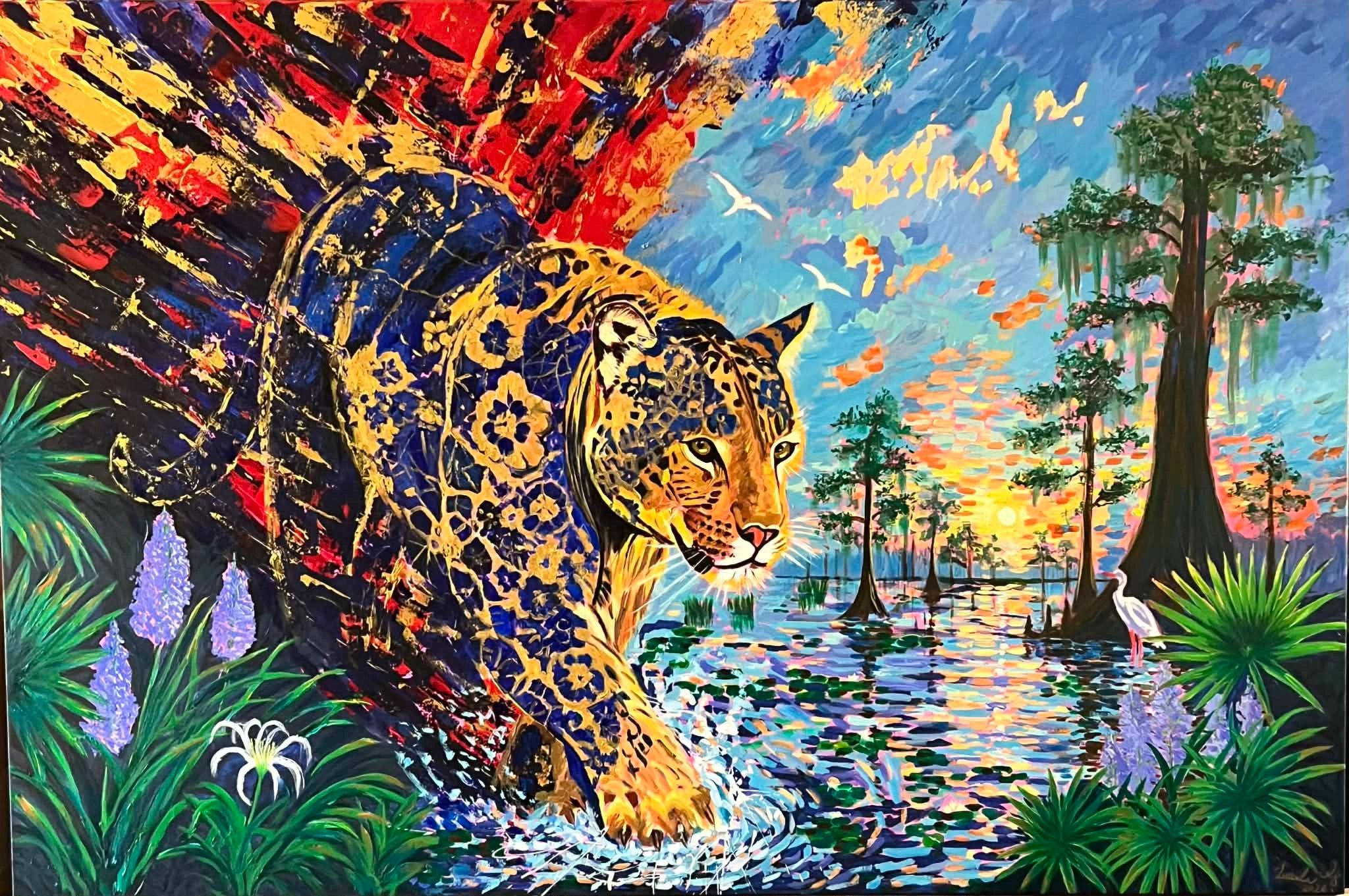 Everglades Guardian acrylic painting by Lanzhi Wang, featuring a Florida panther moving through the 