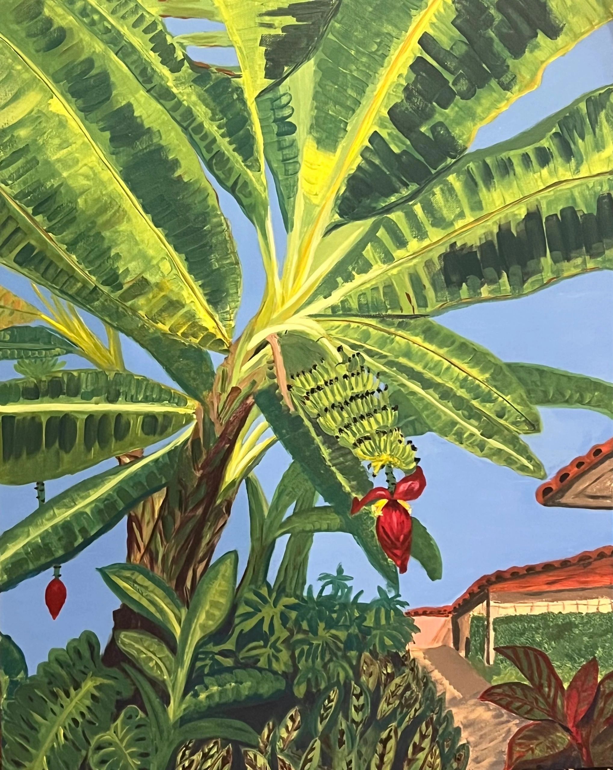 Bananas botanical artwork by Lanzhi Wang, with broad tropical leaves, fruit, and a red blossom under