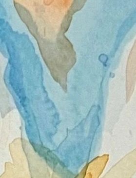 Bunny watercolor artwork by Lanzhi Wang, an expressive rabbit portrait in blue, turquoise, gold, and