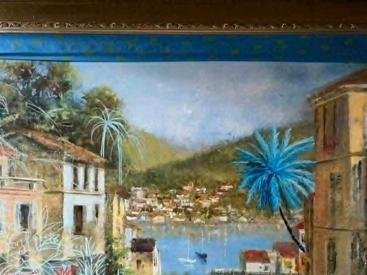 Embellishment artwork by Lanzhi Wang, a coastal village and harbor layered with tropical forms and b