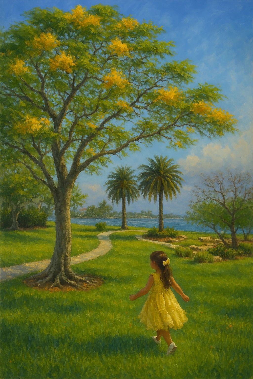 Freedom artwork by Lanzhi Wang, showing a winding park path, graceful palms, and blue water in South
