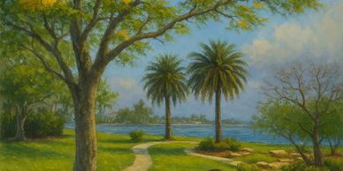 A peaceful park scene with palm trees, a winding path, and a body of water.