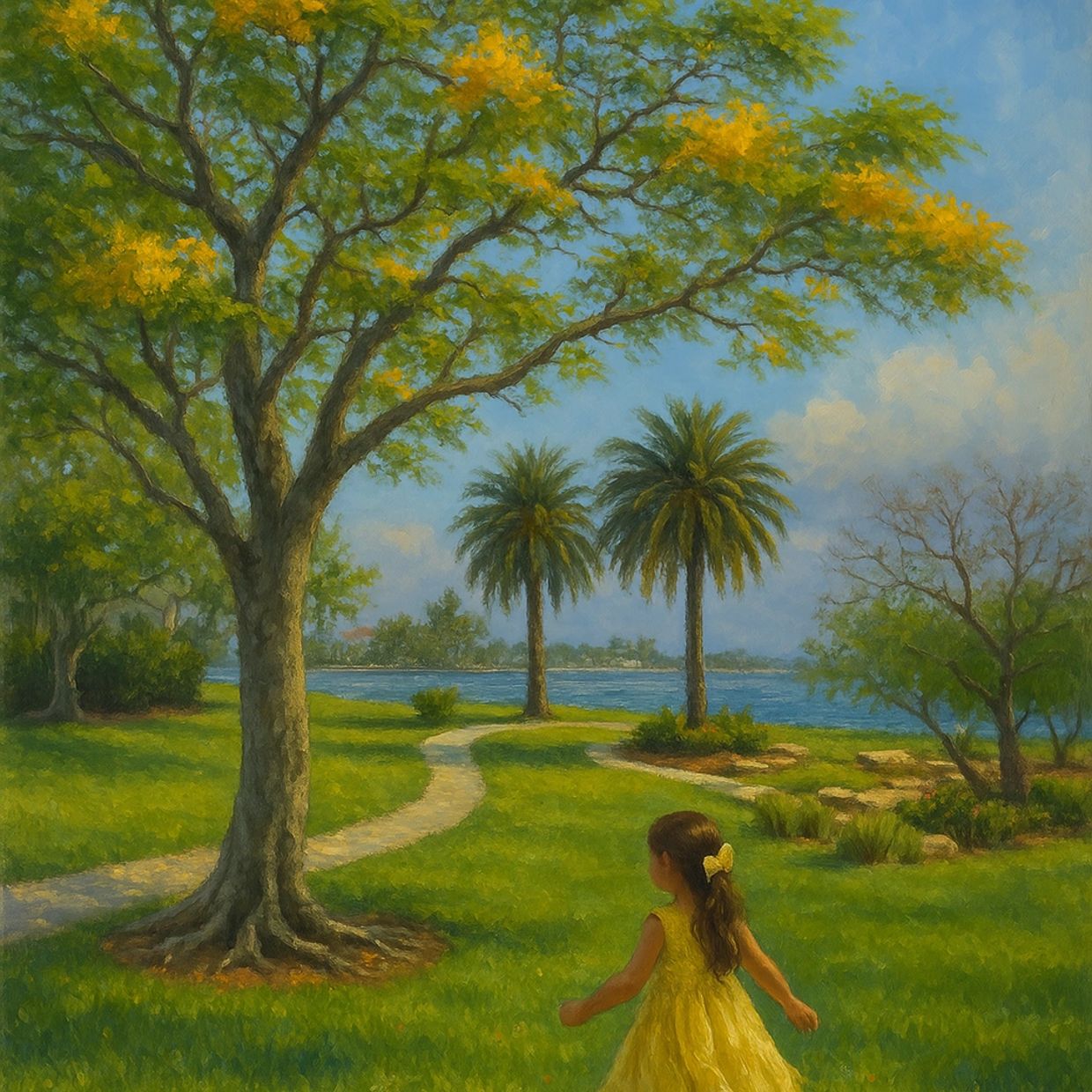 A young girl in a yellow dress walks in a sunny park near water.